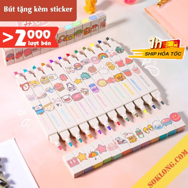 Bút highlight 2 đầu Light Color màu pastel HI06 Sổ KLONG, bút đánh dấu tặng kèm sticker