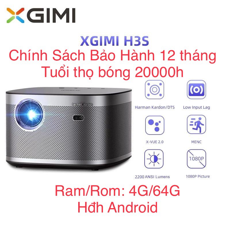 Máy chiếu XGIMI H3S Chính Hãng, Autu Keystone, Chỉnh chiếu chéo tự động, Công Nghệ DLP, Tuổi thọ bóng 20000h, 2200Ansi,