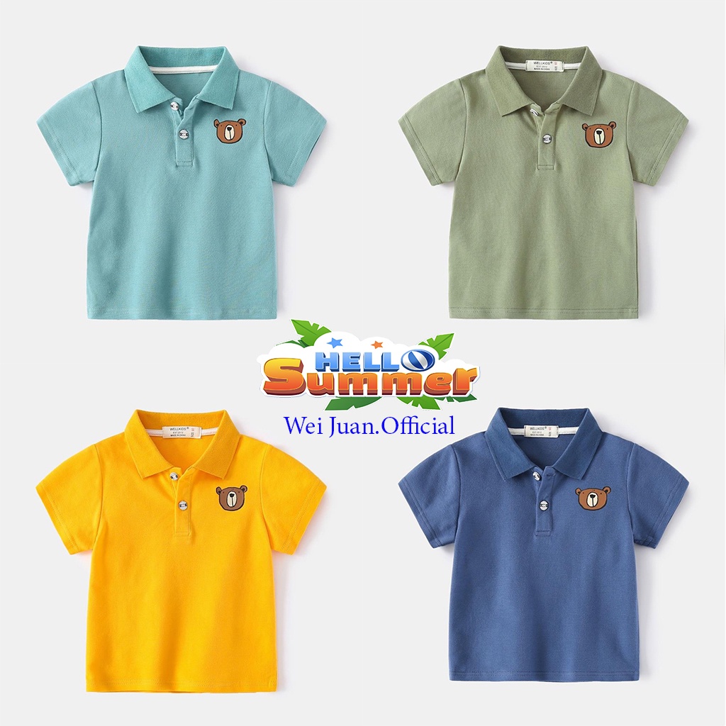 Áo Polo bé trai WELLKIDS áo có cổ cho bé họa tiết Gấu QATE 522