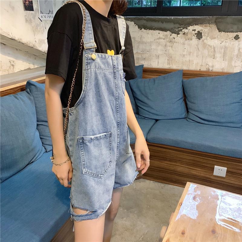Jumpsuit Denim Ngắn Ống Rộng Lưng Cao Thời Trang Cho Nữ