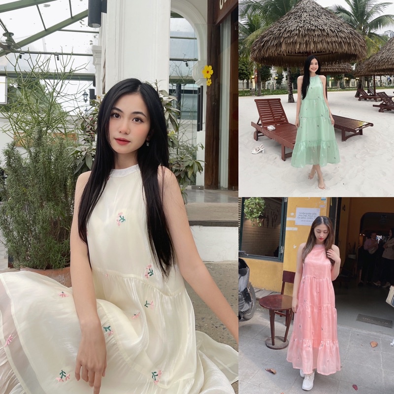 Váy yếm tơ thêu hoa nhí