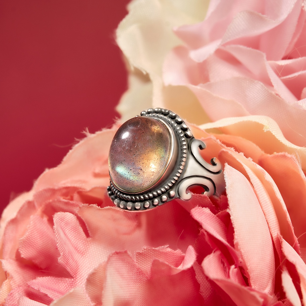 Nhẫn Nữ Hoạ Tiết Cổ Điển Khảm Đá Labradorite Thiên Nhiên