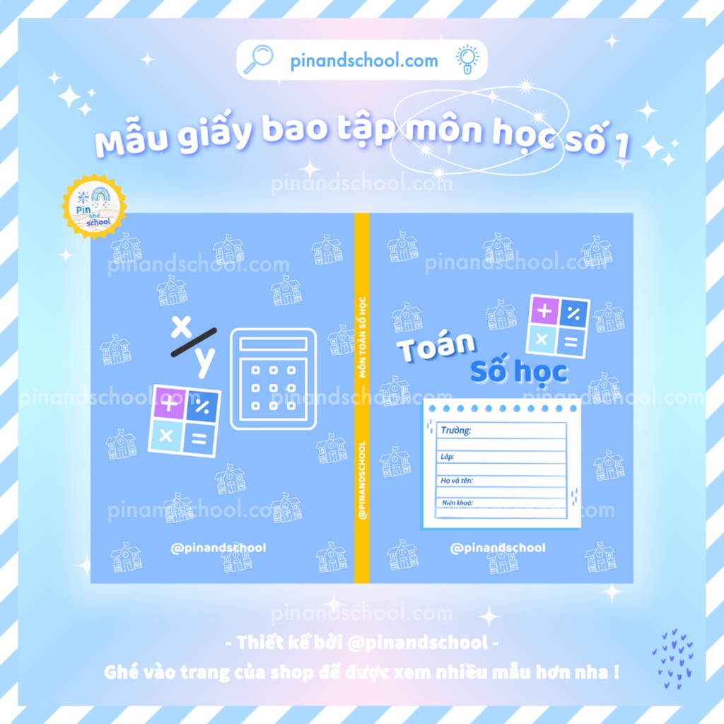 Giấy bao tập Môn học mẫu số 1 - Chất liệu giấy bóng dày vừa màu in tươi sáng rõ nét | Thiết kế bởi Pinandschool