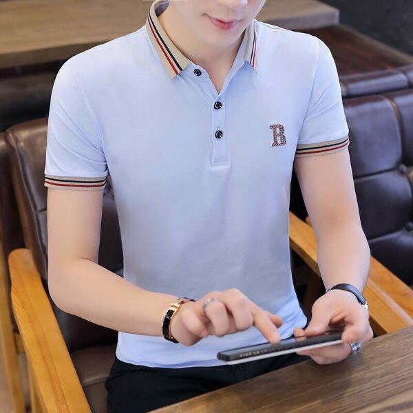 Áo thun polo nam phối chữ B cổ bẻ 2 màu xanh trắng chất cotton co giản 4 chiều lịch lãm