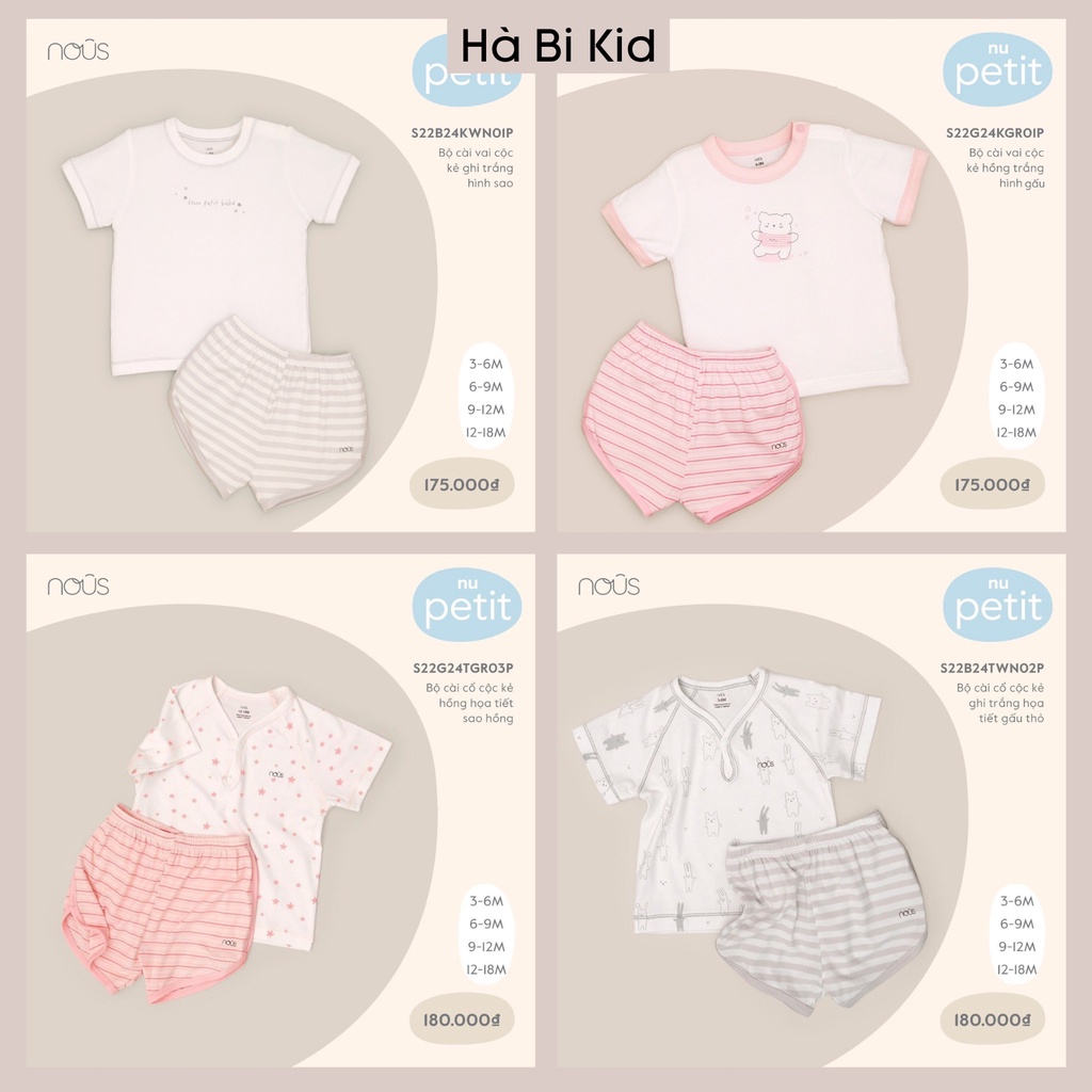 Bộ quần áo cộc tay chất liệu peptit Nous hè cho bé trai bé gái đủ màu size từ 3 tháng đến 2 tuổi HB0011