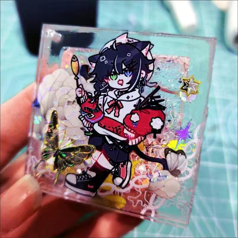 Sẵn khung tranh cát chảy keyring 5x5cm vuông, trái tim, tròn kèm dây đeo siêu cute lót ly cát chảy mini