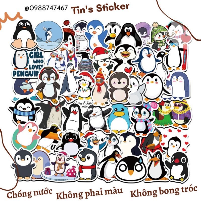 Set combo 50 miếng dán sticker chim cánh cụt dễ thương dán nón mũ bảo hiểm laptop vali sổ đàn guitar điện thoại tủ lạnh