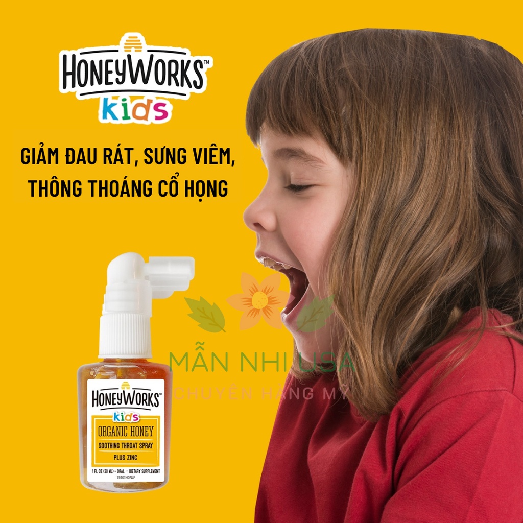 Xịt họng keo ong hữu cơ giảm ho, đau họng cho bé Honey Works Kids Spray 30ml, hàng mỹ.