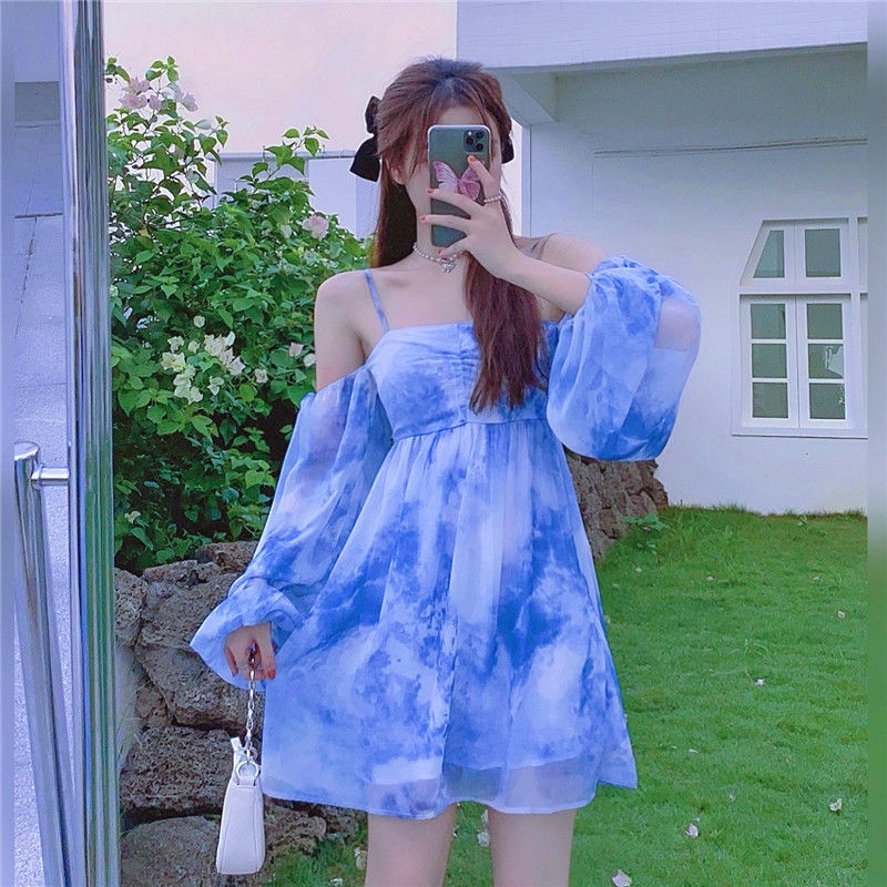 Đầm Ngắn Hai Dây Nhuộm Màu Tay Dài Phồng In Họa Tiết Hoa Phong Cách Pháp Cổ Điển Thời Trang Mùa Hè Hàng Mới 2023