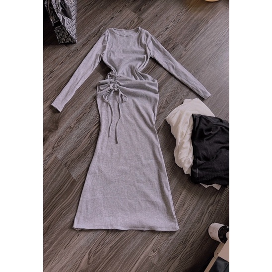 Đầm ôm body cổ tròn tay dài dáng dài rút dây hông cực tôn dáng