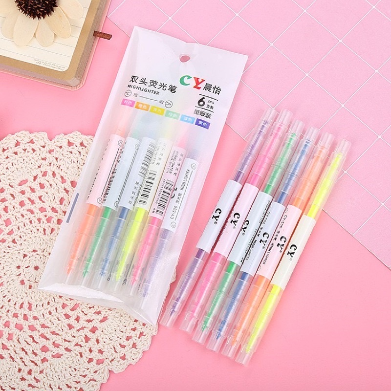 Túi bút dạ - bút highlight pastel 6 màu CY - bút highlight 2 đầu đánh dấu