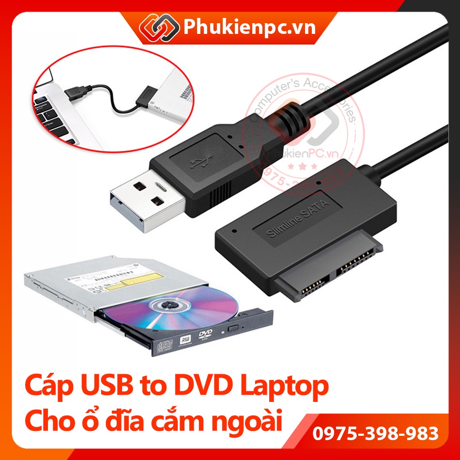 Cáp chuyển đổi USB sang DVD Laptop SATA 7+6Pin cho máy tính PC, Laptop, Macbook kết nối ổ đĩa quang DVD, CD cắm ngoài