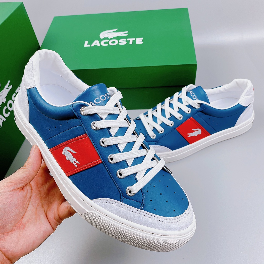 Giày Nam Lacoste Da Bò Màu Xanh Đỏ Hàng Thái Full Box Bill Thẻ Bảo Hành