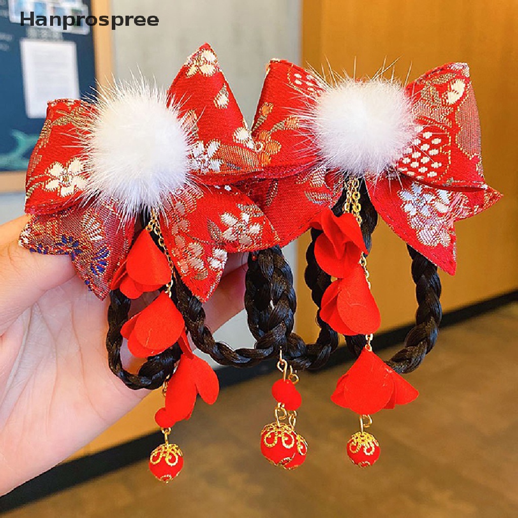 Bộ Kẹp Tóc Tua Rua Màu Đỏ Phong Cách Trung Hoa Mừng Năm Mới Cho Bé Gái
