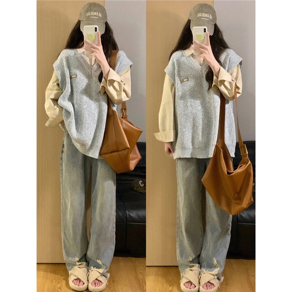 Áo Dệt Kim Sát Nách Cổ Chữ V Màu Xám Thời Trang Mùa Thu Cho Nữ Sinh