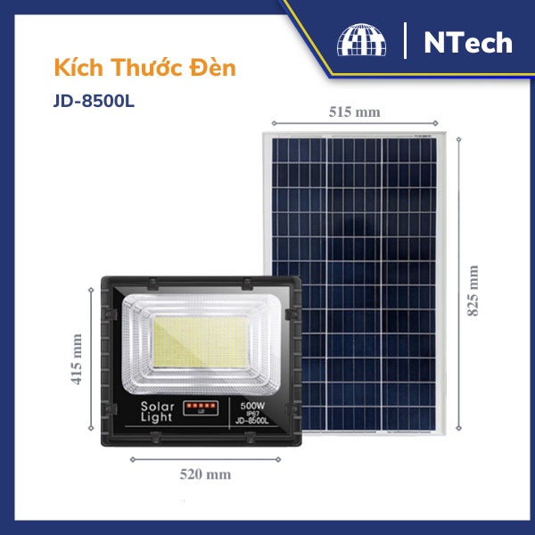 Đèn Năng Lượng Mặt Trời, Đèn Pha JinDian JD-8500L Công Suất 500W - Mẫu Mới 2022, Khung Nhôm, Chip Led "SMD"- BH 02 Năm