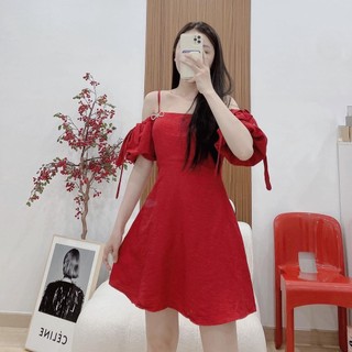 Đầm đỏ 2 dây rớt tay phồng đính nơ đá Rossy Fashion - SR195