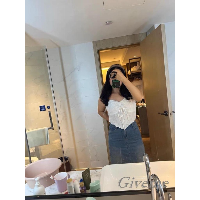 Áo Tank Top Không Tay Phối Ren Hoa Thiết Kế Dây Rút Quyến Rũ