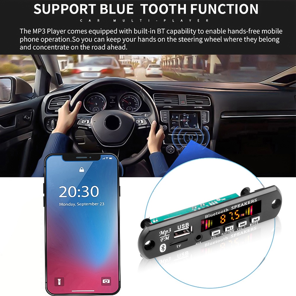 12V Bluetooth 5.0 Bảng mạch âm thanh USB FM TF AUX không khuếch đại có màn hình lớn
