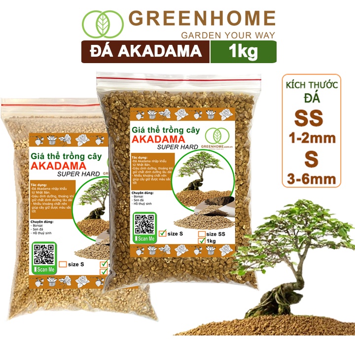 Đất akadama Greenhome, bao 1kg, super hard, phân nền thủy sinh, giá thể bonsai, sen đá, nhiều size lựa chọn