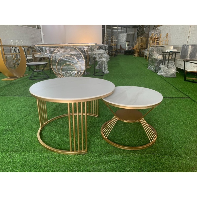 Bàn trà sofa phòng khách 2 mặt đá tròn, khung chân 6 nan chắc chắn, hiện đại  - Giá Xưởng