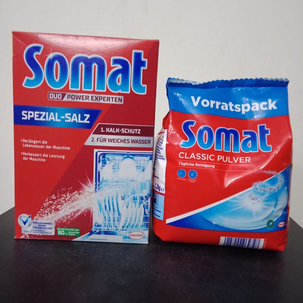 Combo gói bột rửa bát Somat 1,2kg+hộp muối Somat 1,2kg