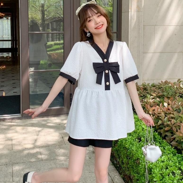 Áo bầu babydoll tay ngắn cổ V mix nơ cực xinh