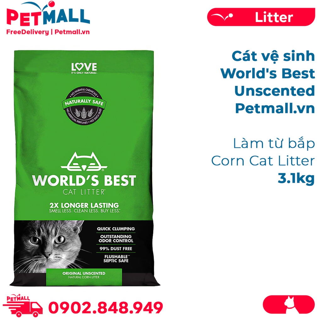Cát vệ sinh World's Best Unscented 3.1kg - làm từ bắp - Corn Cat Litter