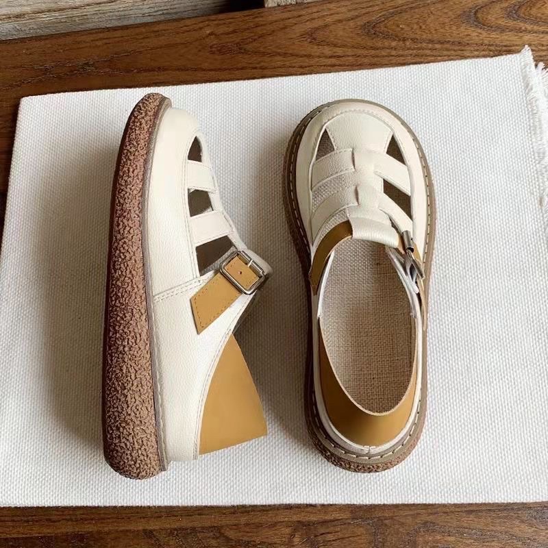Giày Sandal Kín Mũi Mix Quai Nâu Cài Dễ Thương Kiểu Nhật