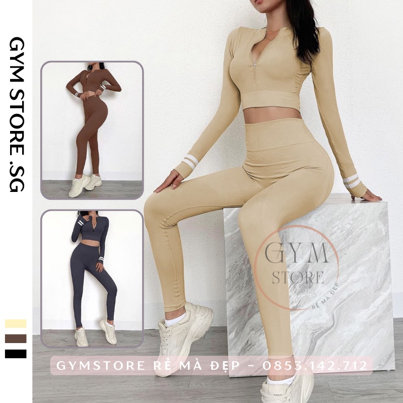 Set Bộ Đồ Tập Thể Thao Nữ Áo Dài Tay Quần Cạp Cao Gen Bụng Đồ Tập Gym Tập Yoga Rẻ Đẹp GYM STORE 290