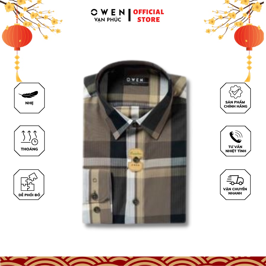 Áo Sơ Mi Nam Dài Tay OWEN AS221071D Có Túi Kiểu Dáng Slim Fit Gọn Gàng Cùng Màu Kẻ Caro Nâu Ghi Phong Cách Lịch Lãm