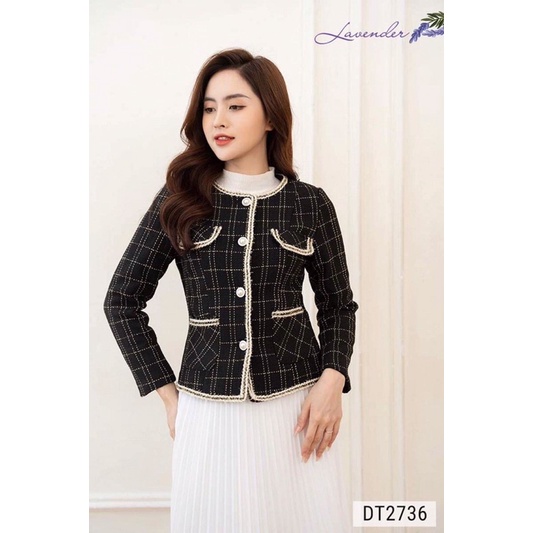 Áo dạ tweed nữ LAVENDER dáng ngắn cổ tròn tay dài