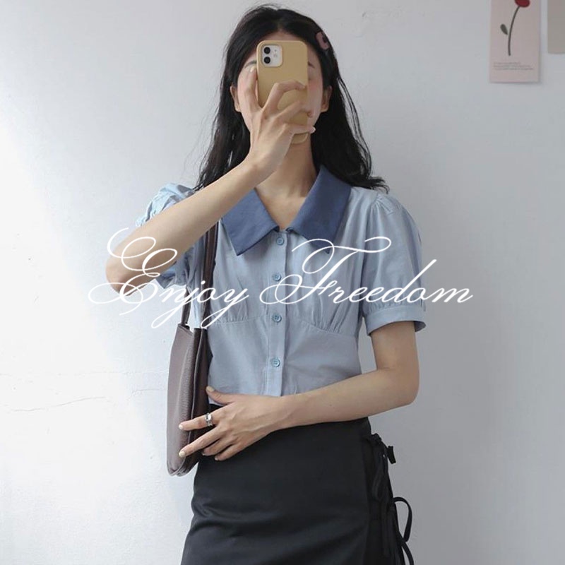 Áo Sơ Mi Ngắn Hở Rốn Tay Phồng Phong Cách Pháp Thời Trang Mới Cho Nữ
