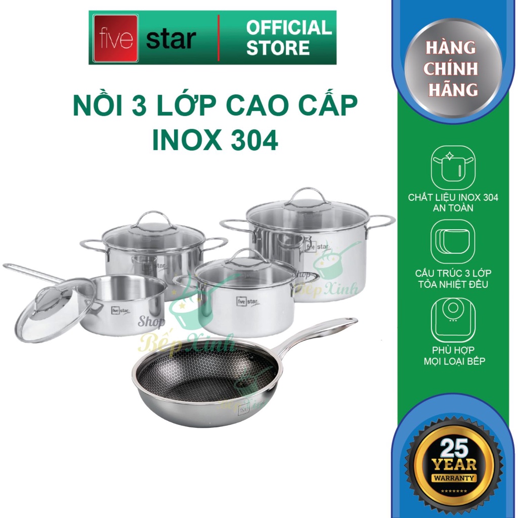 Bộ nồi và chảo chống dính Blackcube tổ ong sâu lòng 3 lớp đáy liền inox 304 Fivestar Plus 5 món quai oval nắp kính