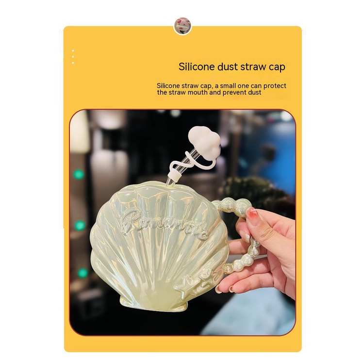 Cốc Uống Nước Vỏ Sò Bằng Sứ Cao Cấp Có Ống Hút