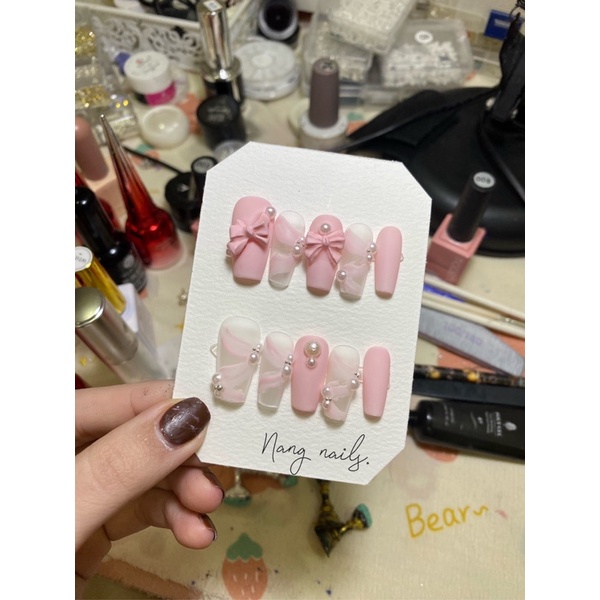 Nails Tết - Móng úp thiết kế tông Hồng pastel sẵn h chảnh, không kém da - Nailsbox tặng kèm bộ kit 3 món