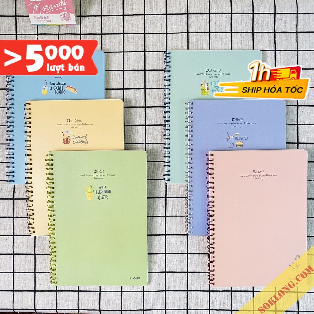 Vở B5 Klong bìa nhựa Caro/ Kẻ ngang/ Dot 80-200 trang tùy chọn Sổ Klong bìa Pastel dễ thương