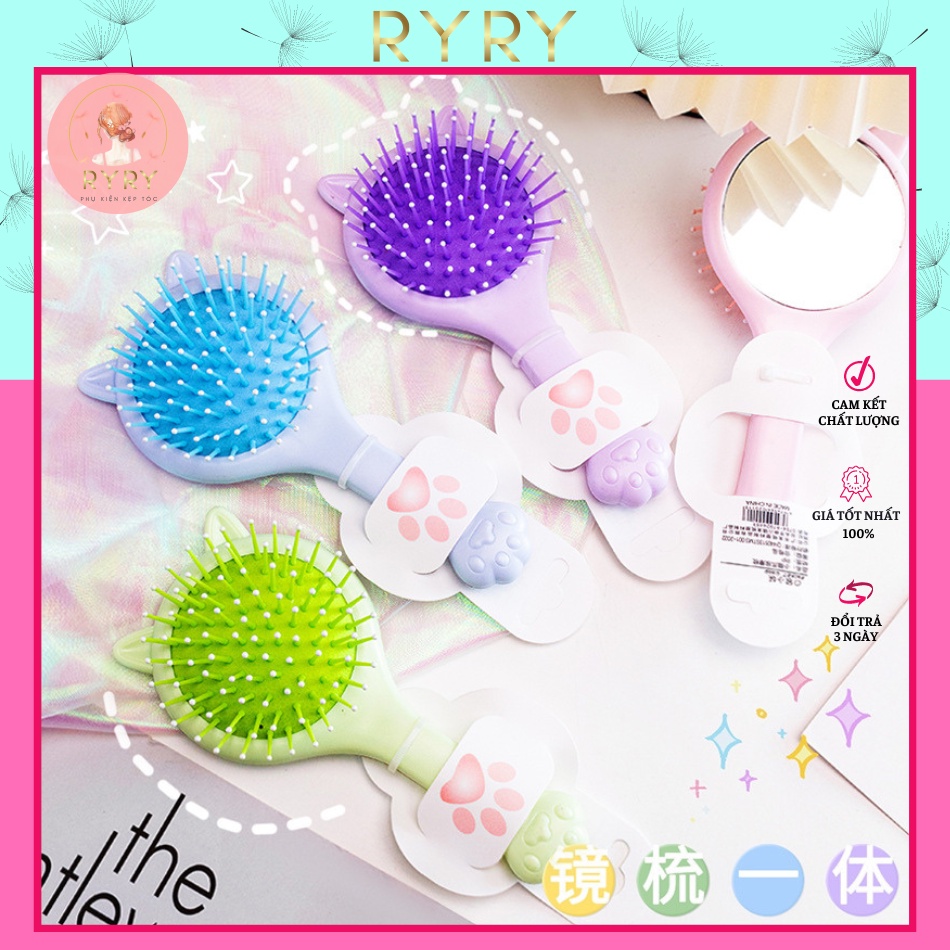 Lược gương chải tóc 2in1 cầm tay mini bỏ túi hình tai mèo - gương lược massage đầu, chống rối, chống rụng tóc