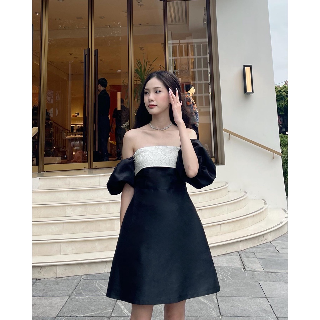 Váy đầm thiết kế cúp ngực phối đen trắng dáng xòe tiểu thư chất Tafta ánh nhũ dự tiệc sang chảnh Vayemcloset