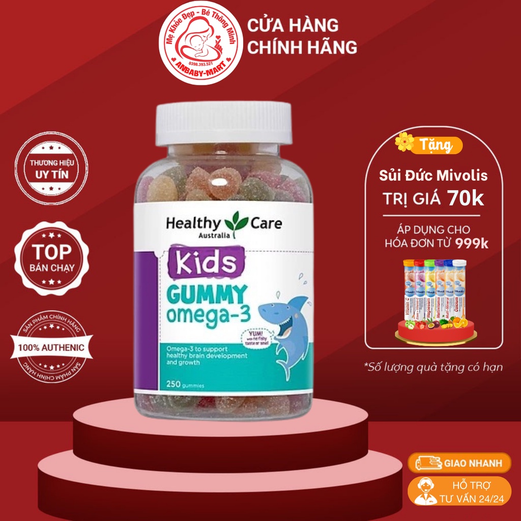 Kẹo Dẻo Dha Cho Bé Từ 2 Tuổi Healthy Care Gummy Omega 3 Úc 250 Viên Hỗ Trợ Mắt Sáng, Thông Minh