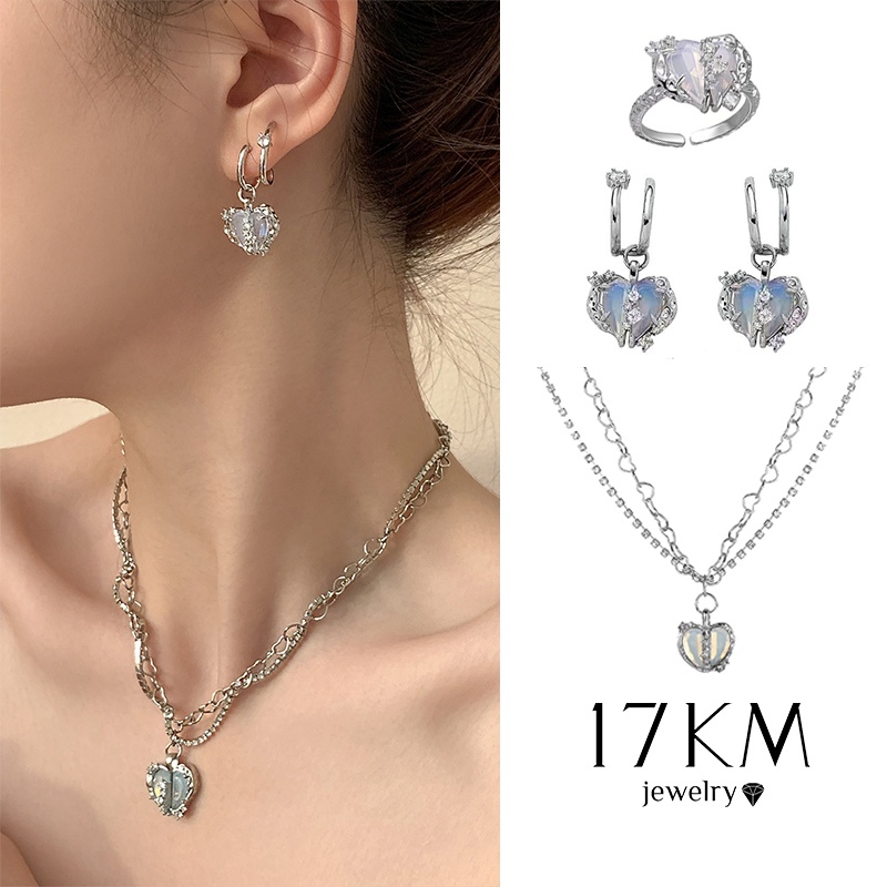 Vòng cổ/ Vòng đeo tay/ Khuyên tai/ Nhẫn 17KM họa tiết trái tim đính đá pha lê thời trang dành cho nữ