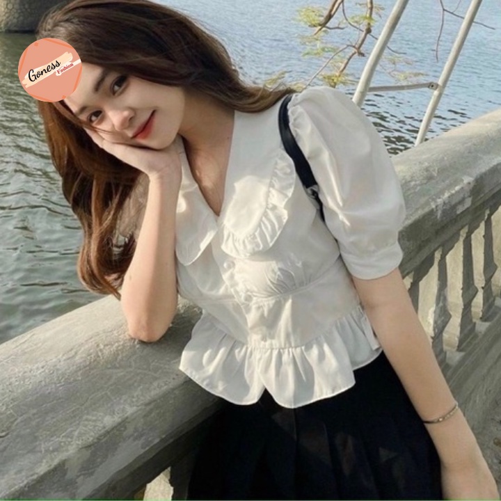 Áo sơ mi nữ Goness cộc tay ngắn tiểu thư cổ tròn dáng croptop thiết kế phong cách nhẹ nhàng thanh lịch
