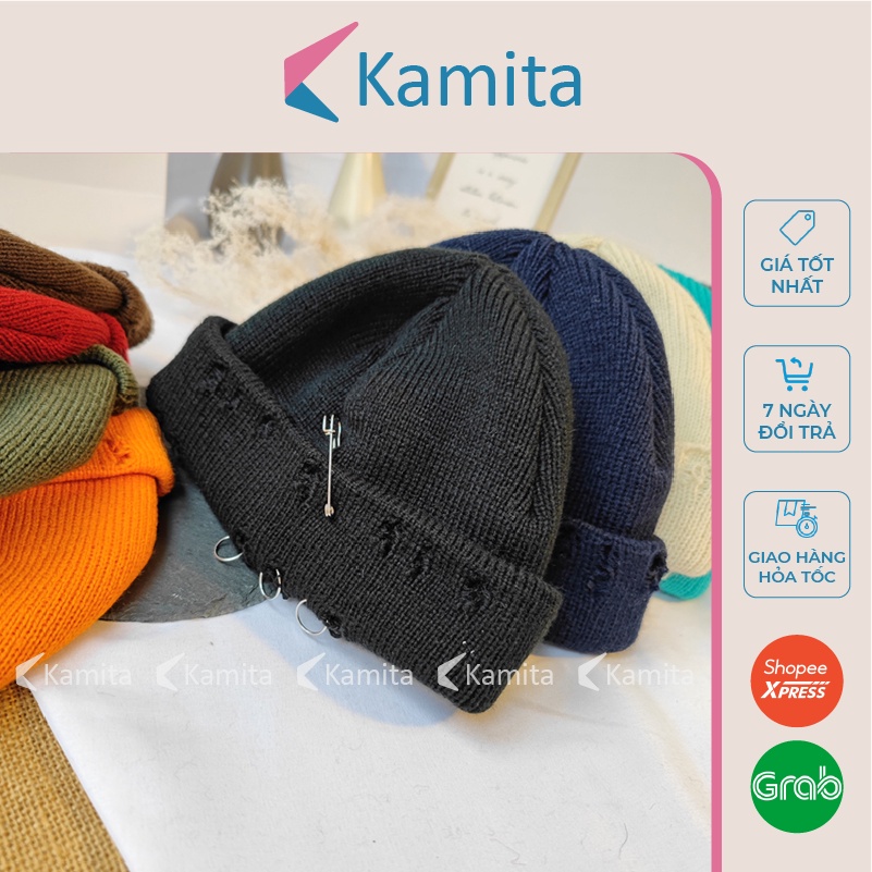 Mũ Len Beanie Rách Đính Khuyên KAMITA Phong Cách Hàn Quốc, Nón Len Ngắn Rách Đẹp Mùa Đông Hip Hop Unisex Nam Nữ ML24