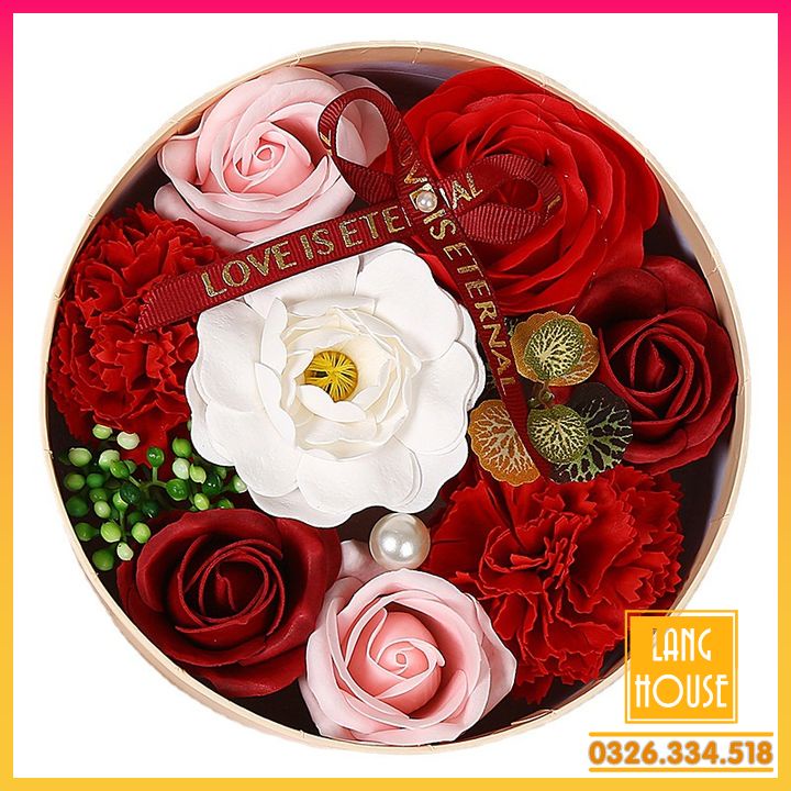 HỘP HOA LỤA PHỦ SÁP THƠM MẪU TRÒN Tặng Valentine, 8/3, 20/10, Noel (Có Kèm Thiệp)