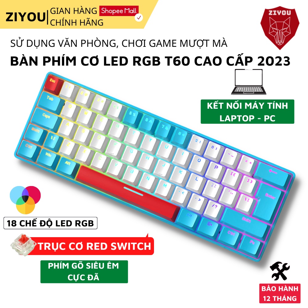 Bàn Phím Cơ Gaming Có Dây Máy Tính Ziyou T60 Multi Light LED RGB 18 Chế Độ Nháy, Red Switch | USB-C | Laptop | PC