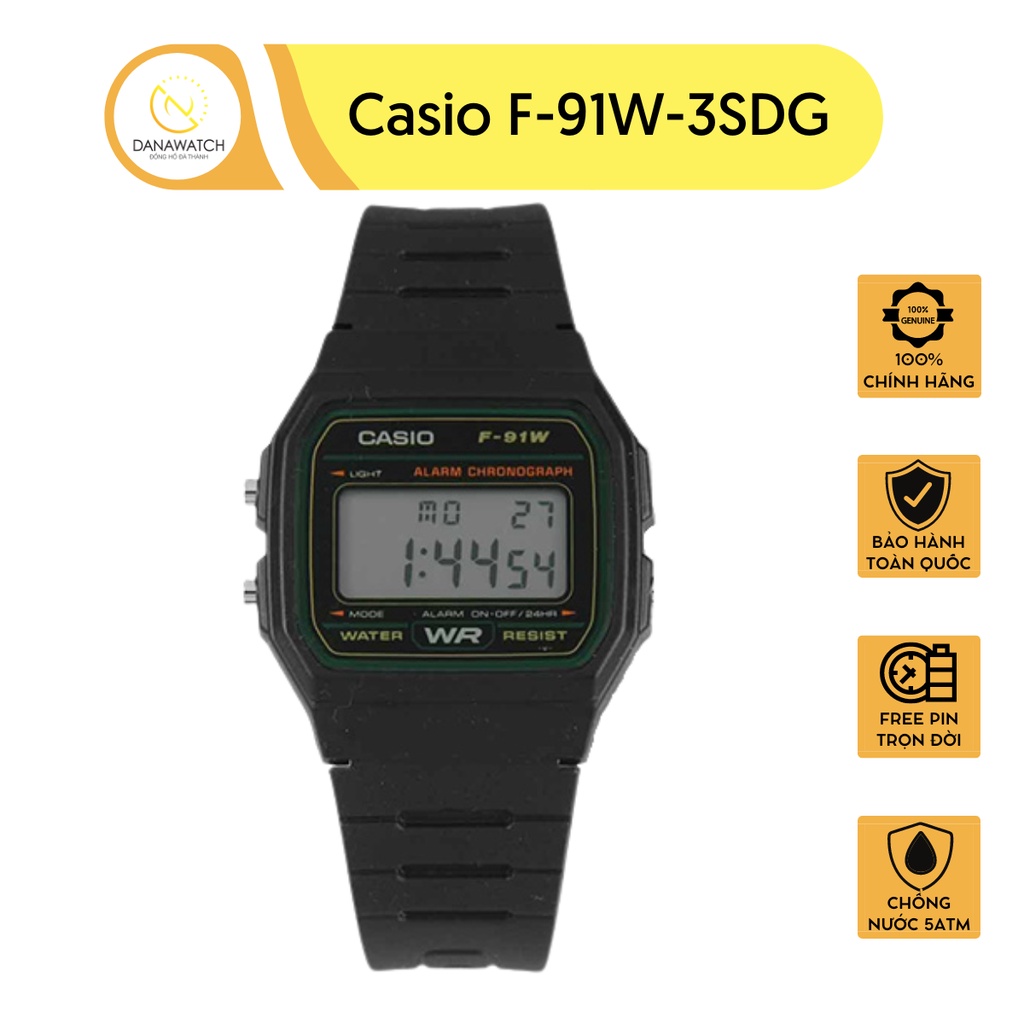 Đồng hồ nam Casio F-91W-3SDG phong cách nam tính thiết kế đơn giản mặt số điện tử dây cao su cao cấp