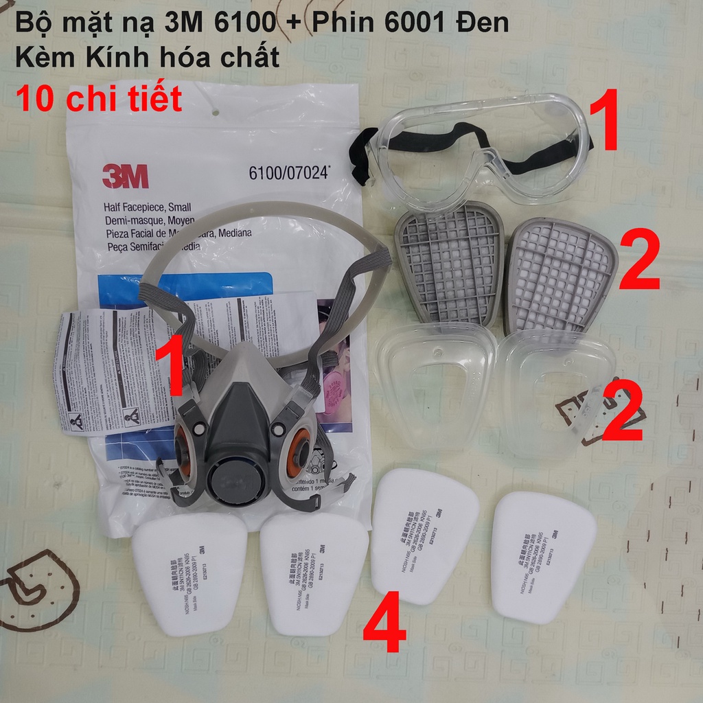 Bộ Mặt Nạ Phòng Độc 3M 6100 phin 6001 Kèm Kính Phun Hóa Chất, Mặt Nạ Phun Thuốc Trừ Sâu Đầy Đủ 10 Chi Tiết