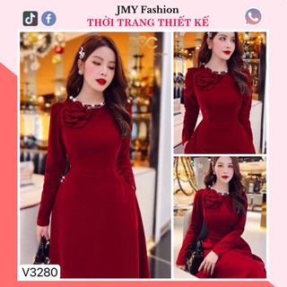 V3280 Váy nhung đỏ vai đính hoa [kèm video SP] đầm tiểu thư nữ tính sang chảnh (DVC & ACC)