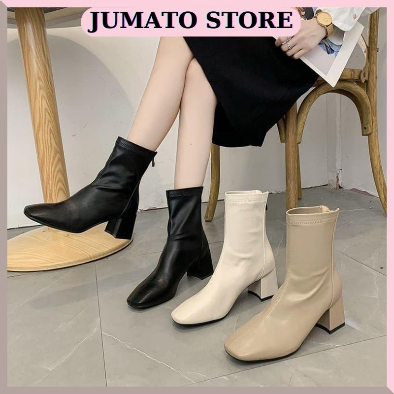 Boot nữ cổ thấp gót vuông da PU mềm khóa sau thời trang có size ngoại cỡ cực êm chân hàng Quảng Châu cao cấp JUMATO