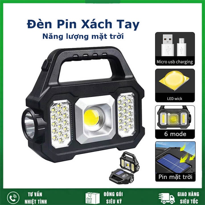 Đèn pin siêu sáng đa năng 6 chế độ, đèn Led xách tay có sạc năng lượng mặt trời kiêm sạc dự phòng, chống thấm nước